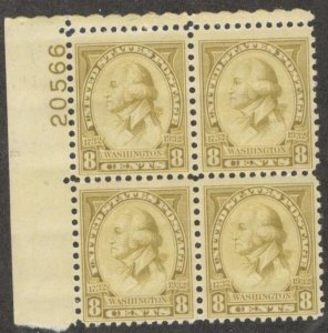 713 8c Washington PLATE #20566 BLOCK OF 4  Mint NH OG SCV $60