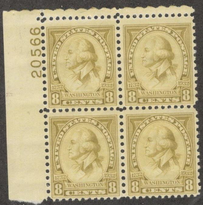 713 8c Washington PLATE #20566 BLOCK OF 4  Mint NH OG SCV $60