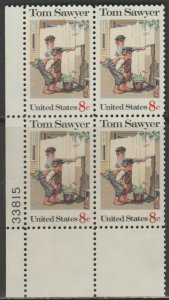 1972 Tom Sawyer Plate Block of 4 8c Postage Stamps, Sc# 1470, MNH, OG