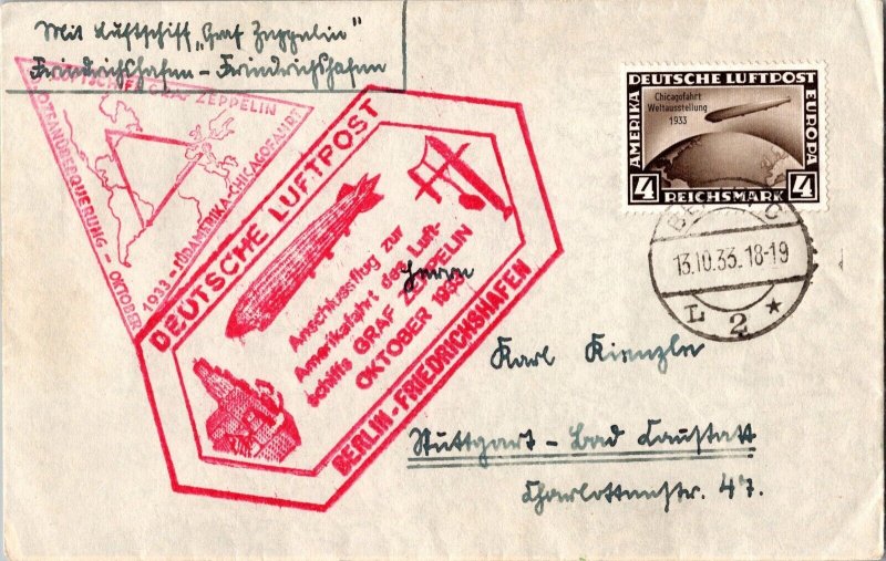 1933 Berlin Germany Airmail LZ 127 Graf Zeppelin Chicago Flight Cover