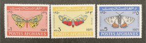 Afghanistan 1971 #843-5, Butterflies, Unused/MH.