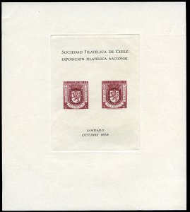 Chile #303, C194 Cat$48, 1958 Philatelic Exhibition, imperf. souvenir sheet o...