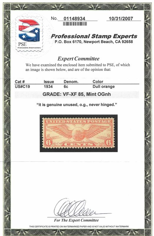 2007 PSE-85 Cert for VF-XF 1934 Dull Orange Winged Globe Scott #C19**