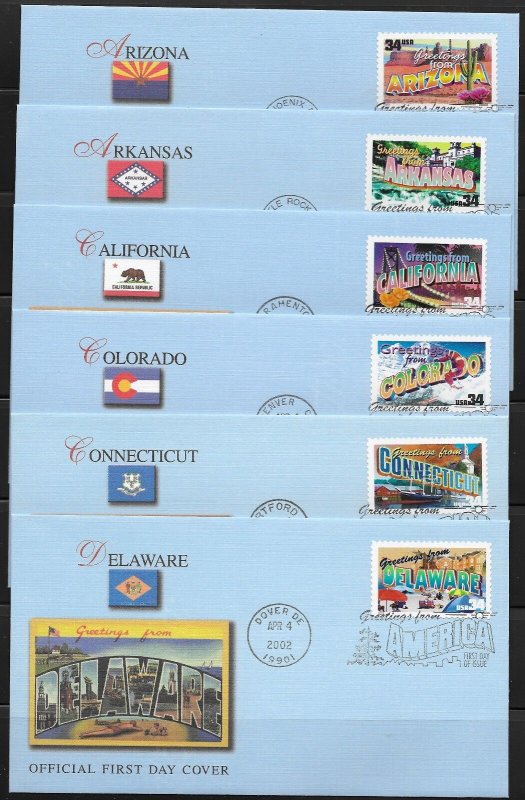 US Scott #3561-3610, First Day Covers 4/4/02 Montgomery Single Greeting America