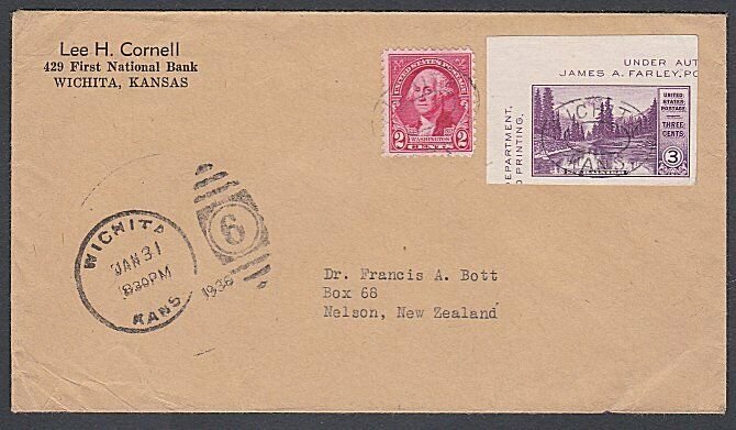 USA 1936 cover Wichita to New Zealand - 3c imperf Mt Rainier + 2c ..........J877