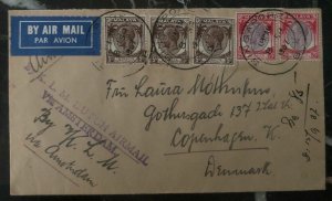 1937 Singapore Malaya Airmail Cover To Copenhagen Denmark Via KLM Amsterdam