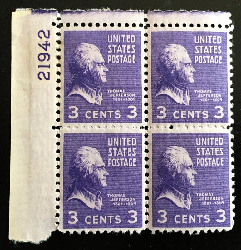 807 Jefferson, Presidents, MNH Plate Block, Vic's Stamp Stash