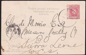 SPAIN TO SIERRA LEONE 1905 postcard ex Las Palmas Gran Canary Island.......B1456