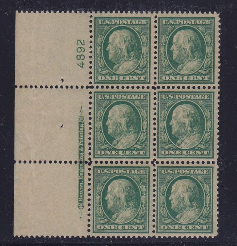 357 XF plate block of 6 OG blue paper light hinged with nice color  ! see pic !