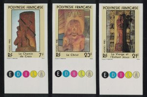 Fr. Polynesia Religious sculptures by Damien Haturau 3v imperf 1983 MNH