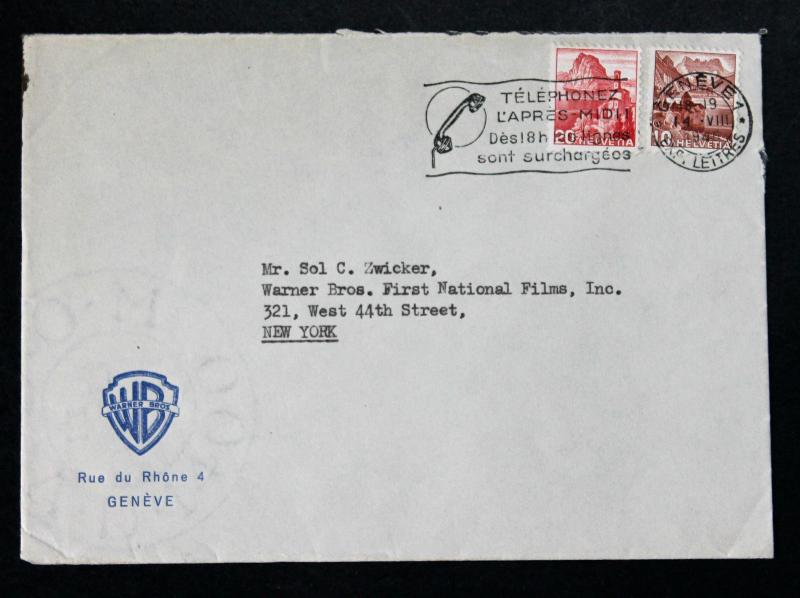 Switzerland #230B, 243 Warner Bros. 1946 Geneve  20eme Anniversaire Cover