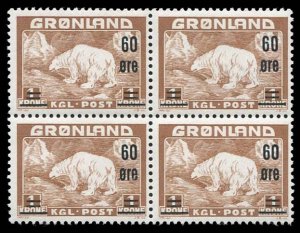 Greenland #40 Cat$270+, 1956 60o on 1k, block of four, never hinged