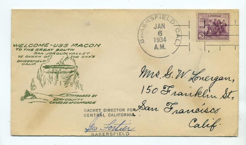 USS Macon Welcome to Kern County, Bakersfield California - Jan 6, 1934 cachet