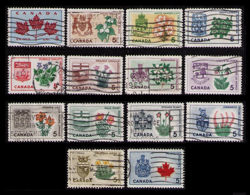 CANADA 1964 #417-429a 5¢ FLORAL EMBLEMS CPL SET OF 14 USED CAT $3.50, NICE LOT