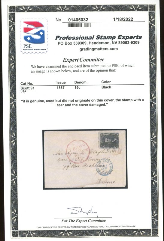 U.S. #91 USED ON COVER WITH PSE CERT