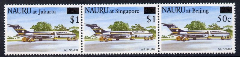 Nauru 1995 Stamp Exhibitions surcharged strip of 3 unmoun...