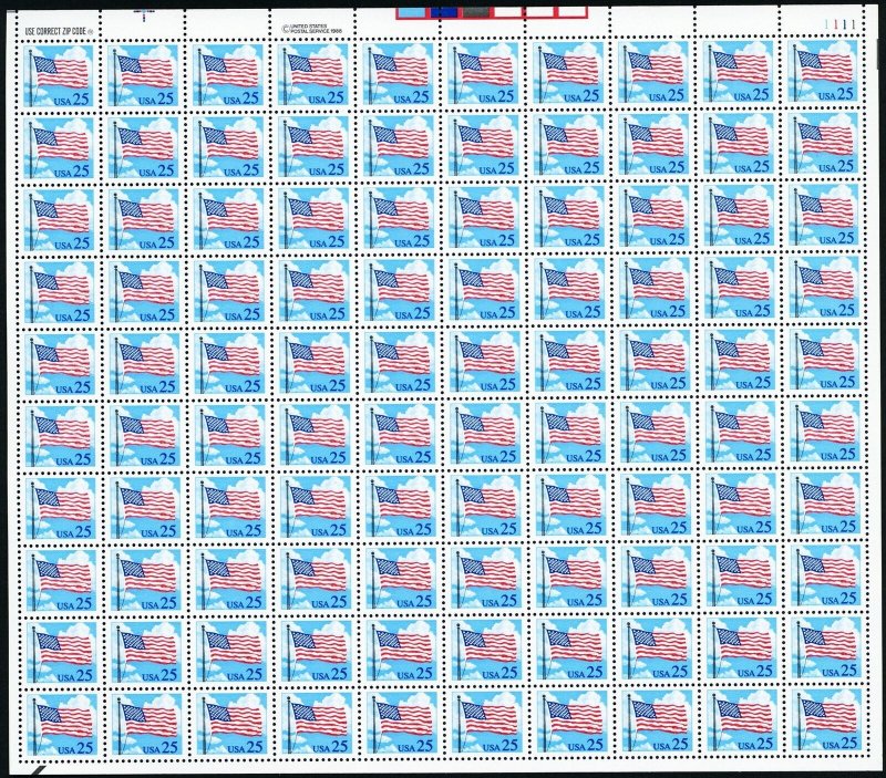 Flag & Clouds Sheet of One Hundred 25 Cent Postage Stamps Scott 2278