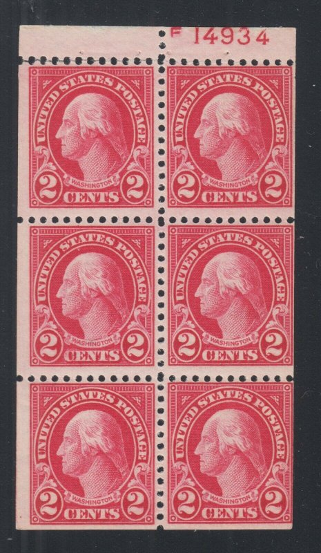 US Sc 554c MNH. 1923 2c Washington Booklet Pane, Plate No. 14934 95%, perf seps