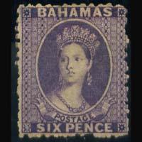 BAHAMAS 1861 - Scott# 4 Queen 6p no gum.short perf.