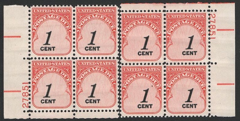 US  Sc J89 Mint NH two 1c Plate Blocks EFO shifts Left & Right Numeral VF