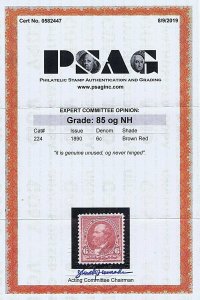 SC# 224 UNUSED ORIGINAL GUM MNH 6 CENT GARFIELD 1890, 2019 PSAG CERT GRADED 85