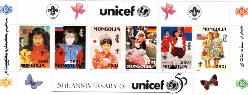 MONGOLIA 1996 Sc#2247Oq.UNICEF 50th.Anniv./Scouts/Butterflies S/S (6) MNH