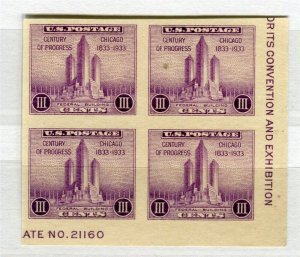 USA; 1933 early Philatelic Expo issue fine MINT MNH unmounted 3c. BLOCK of 4