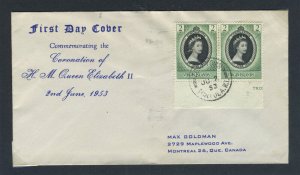 British Virgin Islands 1953 QEII Coronation pair on First Day Cover.