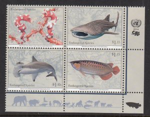 UN New York 1100a Marine Life Inscription Plate Block MNH VF