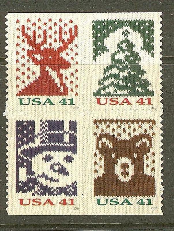 US Scott # 4207a - 4210a / 4210c  2007 Holiday Christmas Knits DS Block of 4 MNH