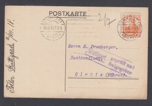 Germany, Sc 98 used. 1918 7½ pf orange perfin on Post Card to Olmutz, Rate 2