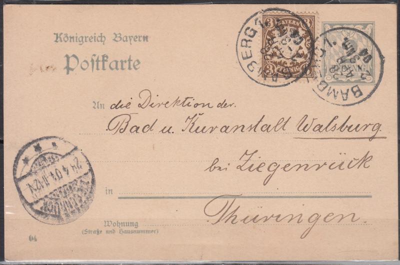 Bavaria - 28.4.1904 uprated postcard to Thuringen (1446)