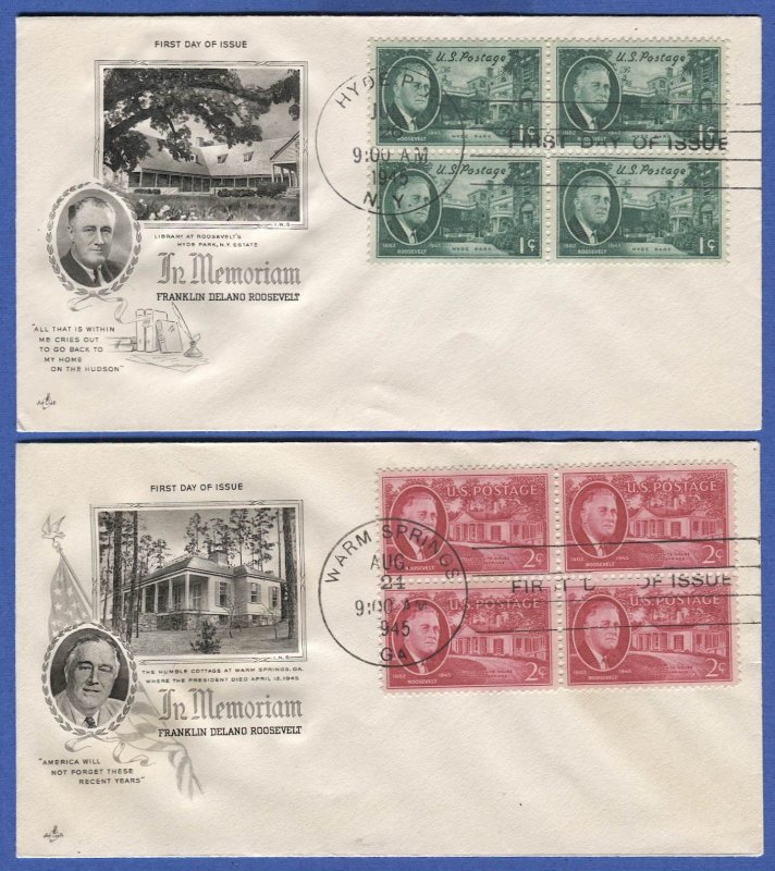 US Sc 930-933 FDR Roosevelt In Memoriam Blocks on 1945-46 FDC's