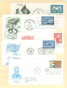 United Nations C2-3/C6-7/C20 1951-74 5 Airmail FDCs with artcraft & Artmaster cachets; C2-3 U/A, C6-7 & C20 typed addressed.