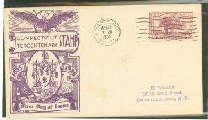 US 772 1935 3c Connecticut Tercentenary (Charter Oak) single on an addressed (handstamped) FDC with a Sidenius cachet
