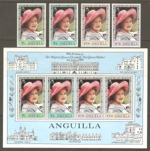 ANGUILLA Sc# 394 - 397a MNH FVF Set 4 + SS Royal Family QE 80th Birthday 1980