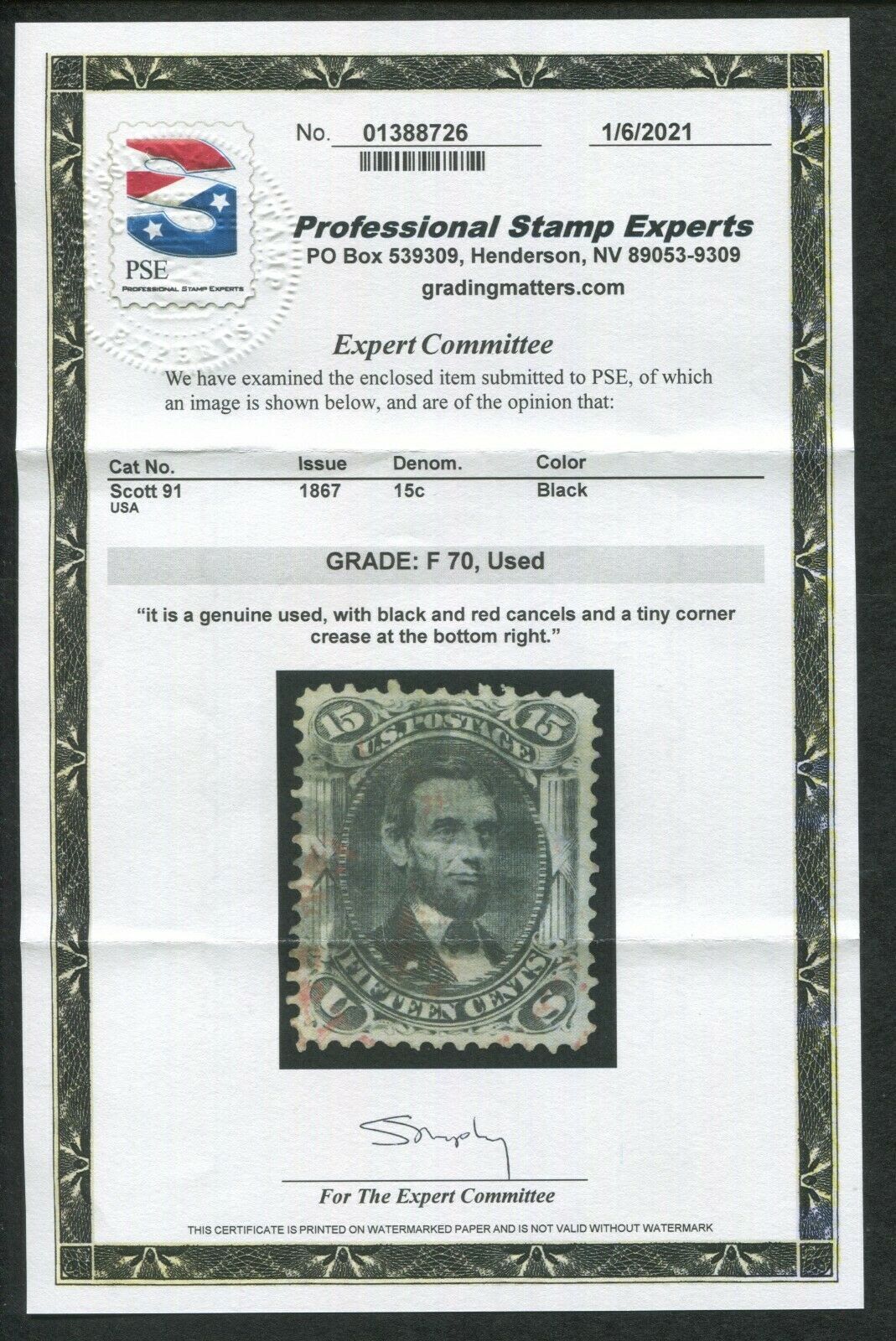 1868 US 91 A33 15c Used Red Cancel Stamp Catalogue Value 725, Grade