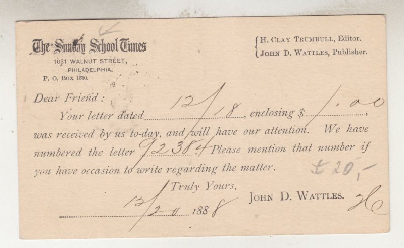UNITED STATES, Postal Card PTPO, 1888 1c., Sunday School Times, Philadelphia