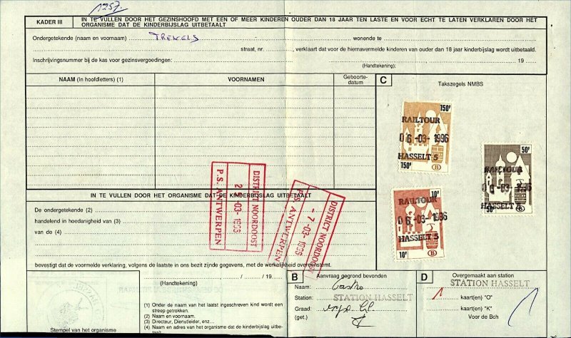 Belgium Railways 1996 C81 parcel dockets with different rates from Sta FU Stamps