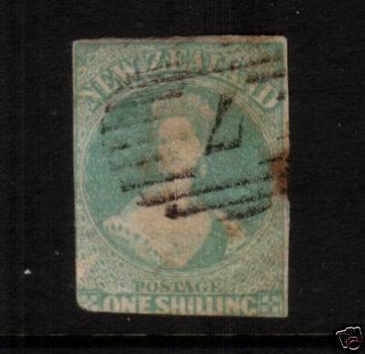 NEW ZEALAND FFQ 1/- DULL EMERALD GREEN FU IMPERF SG16 CHALON