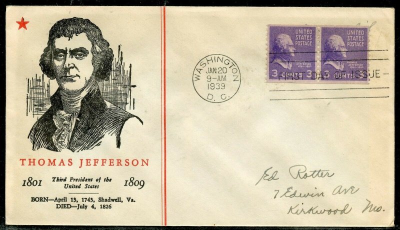 UNITED STATES 1939 3c JEFFERSON HORIZONTAL COIL PAIR  FIRST DAY COVER CACHETED 