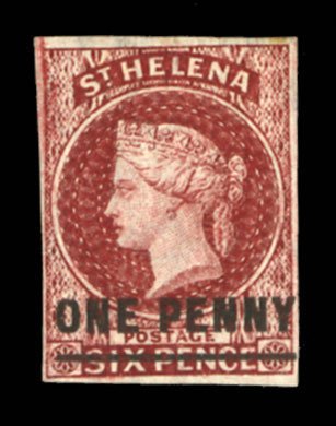 St. Helena #9 Cat$150, 1863 1p on 6p brown red, hinged