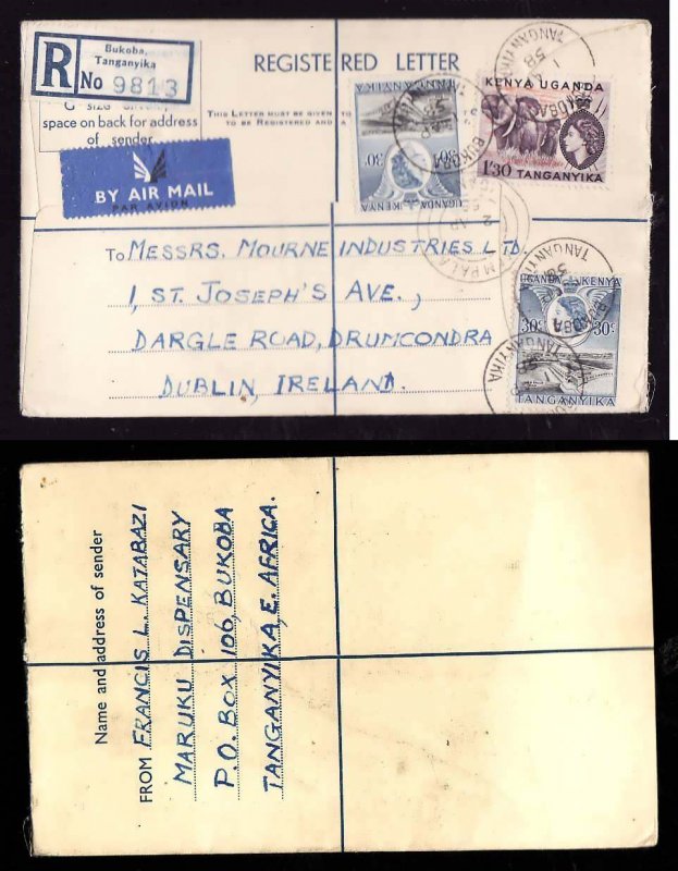 Kenya registered letter to Ireland - Bukoba , Kenya -2 Ap 1958- registration lab