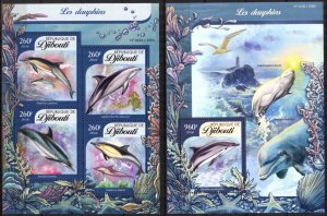 Djibouti 2016 Marine Life Dolphins (1) Sheet + S/S MNH