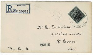 Barbados 1924 R.L.O. cancel on registered cover to the U.S., SG 215