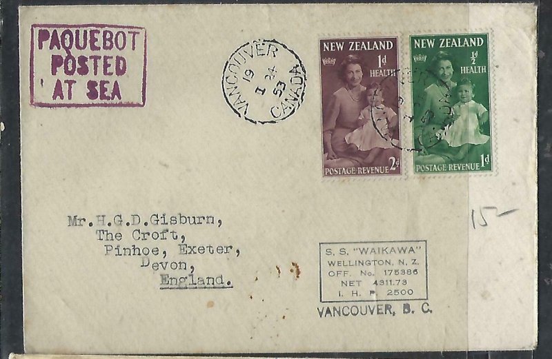 NEW ZEALAND COVER (PP0111B) 1953 HEALTH SET PAQUEBOT COVER FROM VANCOUVER,CANADA