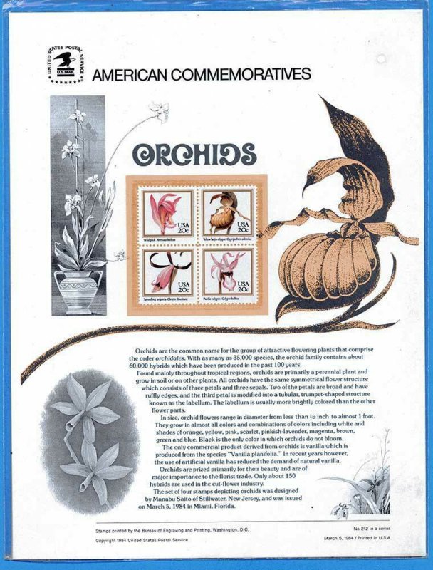 USPS COMMEMORATIVE PANEL #212 ORCHIDS #2076-79