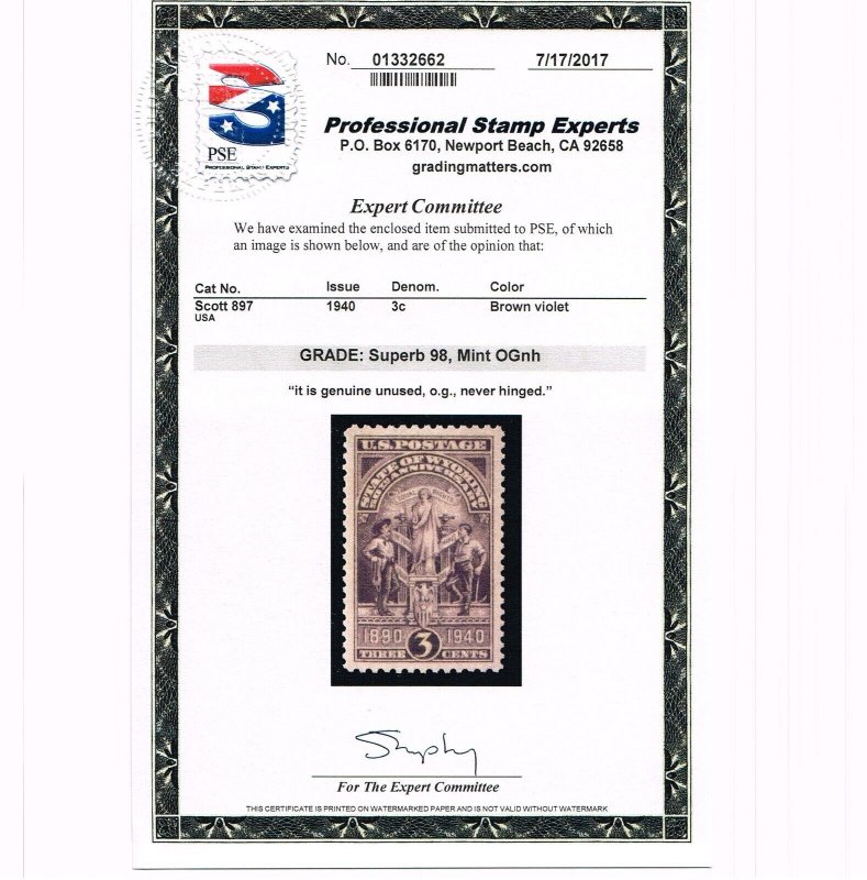 EXCEPTIONAL GENUINE SCOTT #897 MINT PRISTINE OG NH PSE CERT GRADED SUPERB 98