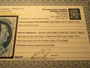 US Stamp, Scott #23 Used.. SCV $575.00, w/Certificate, Clipped at top and right,