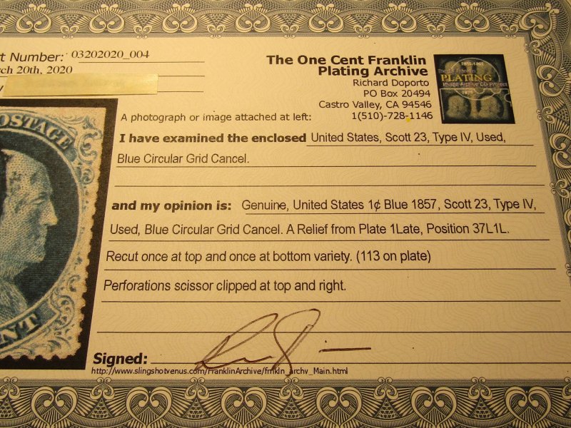 US Stamp, Scott #23 Used.. SCV $575.00, w/Certificate, Clipped at top and right,